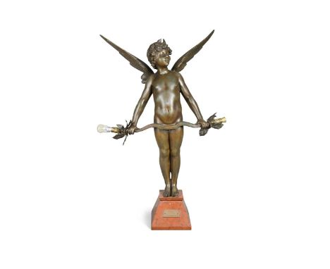 After Auguste Moreau (French, 1834-1917), an early 20th century patinated spelter lamp entitled ‘Vic cast as a young winged p