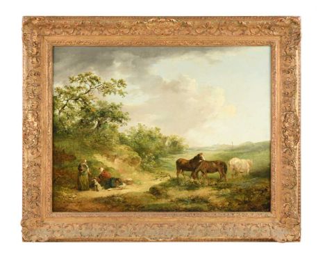 * George Morland (British, 1763-1804) Travellers resting by a sandy bank with three horses to the rightsigned and dated 'G. M