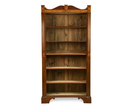 A mahogany open front bookcase, 19th century, with inlaid decoration and fluted sides raised on shaped bracket feet 201 x 99 