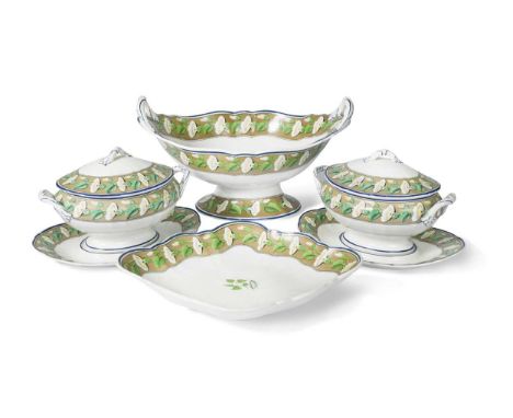 A Wedgwood creamware dessert service, circa 1810, the borders decorated with bugle vine on a sage ground, comprising a two-ha