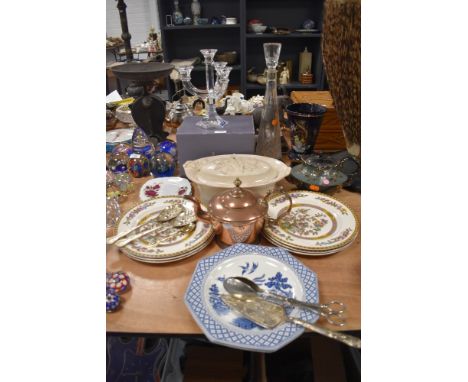 A mixed lot of items including flat ware, serving dish,tea pots, Villeroy and Boch candle stick holder and Thomas Webb crysta