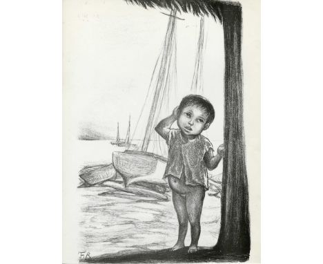 Artist: Fanny Rabel (Polish/Mexican, 1922-2008). Title: "Niño de la Costa". Medium: Original lithograph. Date: Composed 1958.