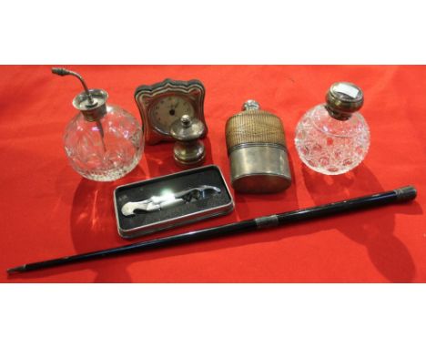 A Georgian silver hip flask, etc