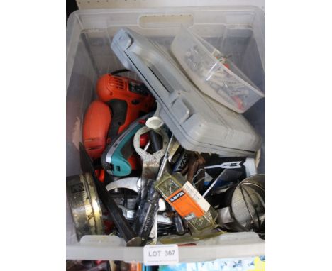 A box containing hand tools, extensions, etc