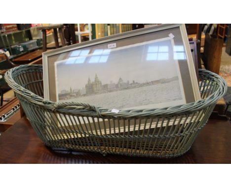 A painted cane crib (for decorative purpose only) a bagatelle game and various framed pictures