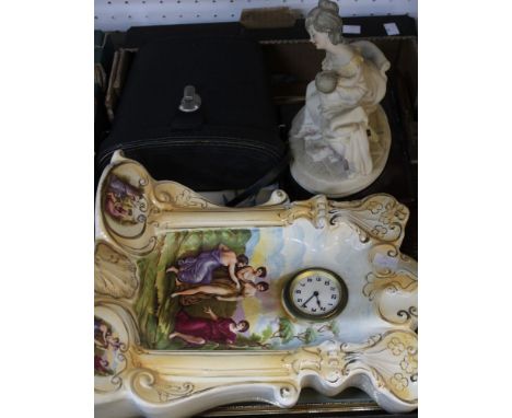 A pottery cased mantle clock, framed prints, cased binoculars etc