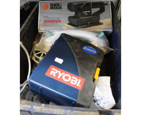 A box containing a large selection of wire &amp; twine, Black &amp; Decker sheet sander &amp; a Ryobi screwdriver kit