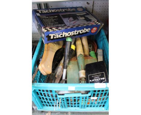 A box containing a selection of hand tools &amp; a set of jump leads