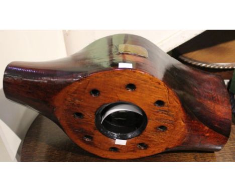 A wooden propeller hub, from a 1939 "Cheetah", inset engraved brass id panels (together with photographs of the type of aircr