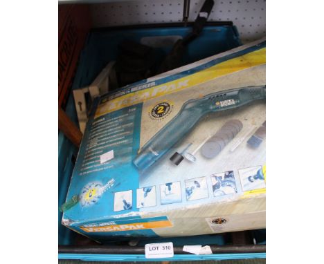 A box containing hand tools, drills, etc
