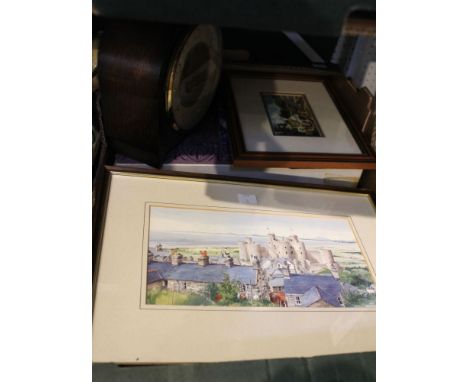 Boxed Wedgwood black glazed coffee cups with saucers, various framed pictures and a clock