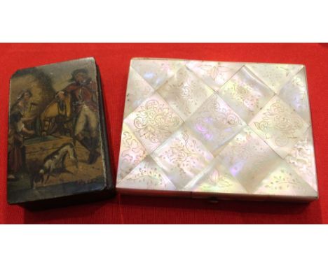 A 19th century papier mache snuff box, decorated with a country scene 80mm x 50mm, together with a 19th century mother-of-pea