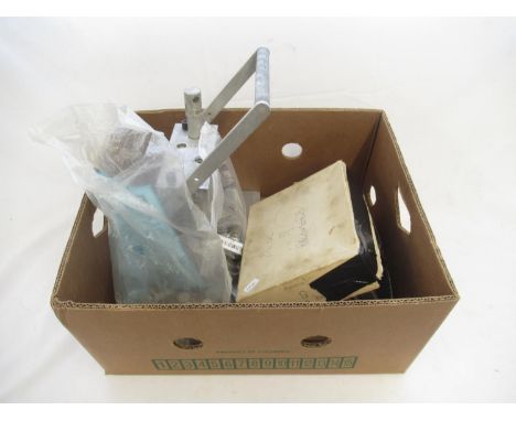 Vintage cartridge 10 bore loading machine with a bag of fibre wadding and other miscellaneous gunsmithing tools and parts