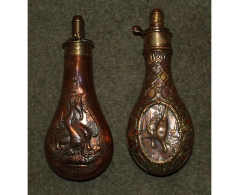 Brass and copper powder flask by Hawksley of Sheffield with net and hanging game birds design. Copper and brass powder flask 