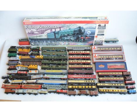 Extensive collection of OO/HO gauge railway models including locomotives, passenger coaches and goods wagons, various manufac