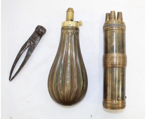 Colts patented Petersons 36 caliber multi loader, brass and copper powder flask, and 36 caliber shot mould