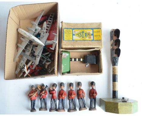 Collection of seven vintage Elastolin toy soldiers (all approx 11cm tall), an Astra metal traffic signal, another larger wood