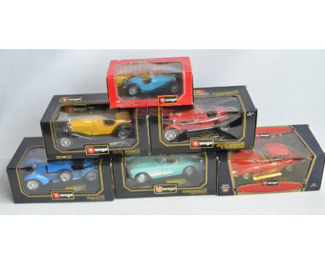 Five 1/18th scale and 1x 1/24th scale diecast model cars from Burago to include 1/24 Bugatti Type 55 and 1/18 Jaguar E Type, 