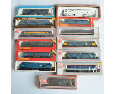 Thirteen previously run OO gauge electric diesel locomotive train models from Hornby, Lima, Mainline, and Airfix, model condi