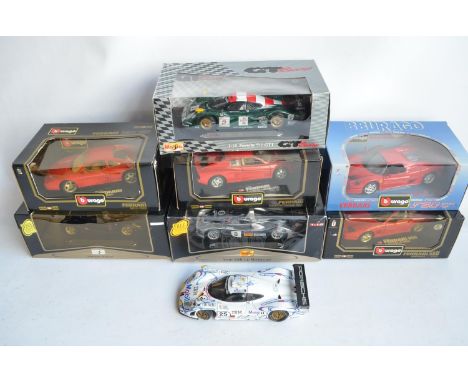 Eight 1/18th scale diecast car models from Burago and Maisto (7x boxed) to include 4x Ferrari's (including a 1984 Testarossa)