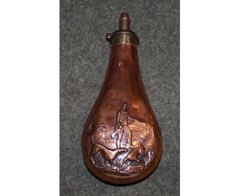 Large, copper and brass powder flask by Dixon &amp; Sons depicting shooter with retrieving dogs