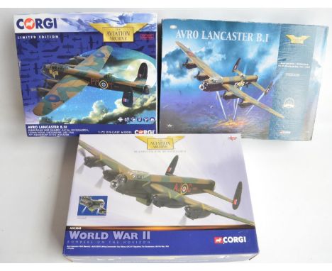 Three Corgi Aviation Archive 1/72nd scale diecast Avro Lancaster models to include AA32608 Guy Gibson's Dambuster AJ-G ED932 