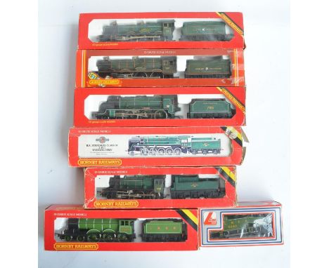 Seven boxed previously run OO gauge electric steam train models, mostly Hornby to include Hornby R349 GWR King Class 4-6-0 60