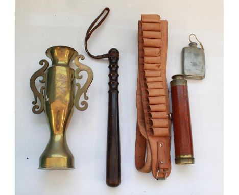 Trench art vase with handles and floral engraving, three drawer brass telescope, by Dixie of London, Police truncheon, pewter
