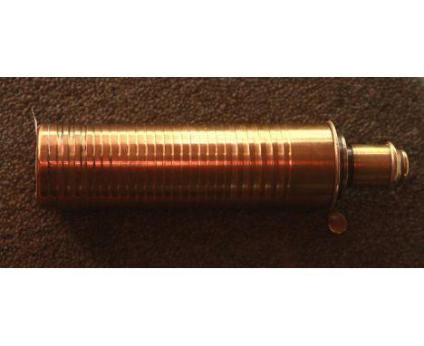 Brass, tube powder flask by Bartram &amp; Co. " The Nimrod"