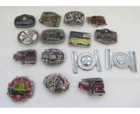 Collection of commemorative firefighter related belt buckles, including 1987 Budweiser buckle, Dragon Designs, British Army F