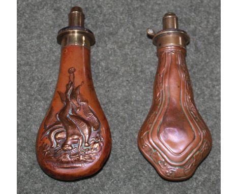 Copper and brass powder flask depicting hare and game hanging. Copper and brass powder flask by Dixon &amp; Sons with ivy des