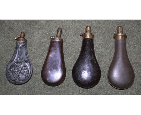 Copper and pewter powder flask with leather covering by Bartram &amp; Co. Brass and pewter powder flask by Hawksley. Copper a