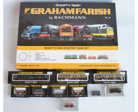 Collection of N gauge railway models from Graham Farish/Bachmann, most with original boxes to include set 370-025 0-6-0 start