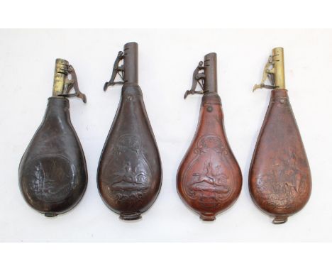 Pair of leather shot flasks by C &amp; W Hawksley showing hunting scenes. Dixon &amp; sons leather flask, with shooter and do