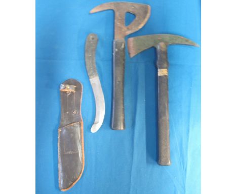 WWII United States Army Airforce aircraft escape axe with plastic handle (L39cm), a WWII Dutch Army Axe (L37cm), and a WWII R