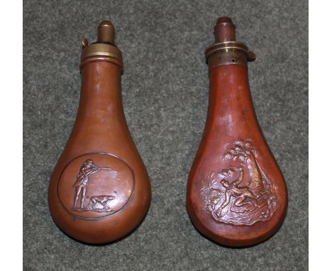 Copper and brass powder flask by Dixon & Sons depicting 'Hunter with Pointer'.Copper and brass powder flask by James Barlow &