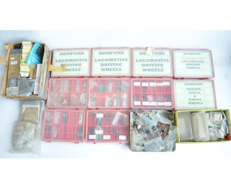 Extensive collection of spare OO gauge railway model kit parts and spares to include wheels, PE detailing sets, motors, spur 