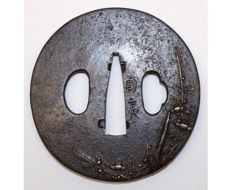 Japanese 17th century signed Kunihiro iron tsuba, Shoami school to fit katana with blossom design highlighted in gold and sil
