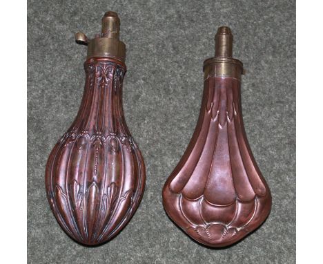 Copper and brass powder flask with fluted design. Copper and brass powder flask by Hawksley seed pod design 