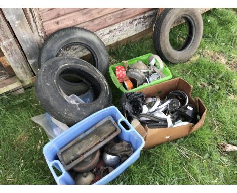 Vintage car spares, including tachometer, light housings, etc. (3 boxes & 3 tyres)