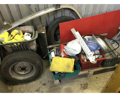 Assorted workshop paraphernalia, motor spares, hub caps, cantilever tool box, eight track cartridges, etc. 