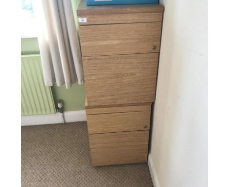 Three light oak desk pedestals, a computer workstation, and an office chair, (5).