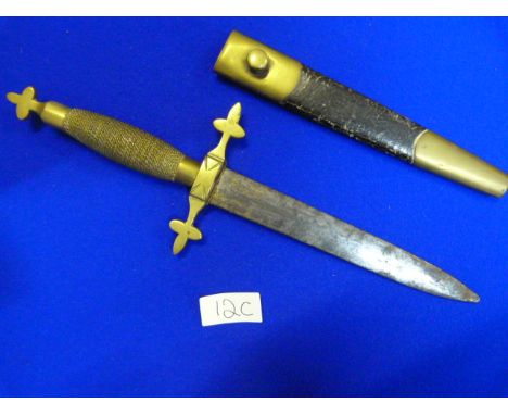 Brass Handled Unnamed Dagger with Brass Wire Grip &amp; Leather Scabbard (14cm Blade &amp; thought to be masonic)