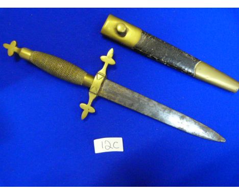 Brass Handled Unnamed Dagger with Brass Wire Grip &amp; Leather Scabbard (14cm Blade &amp; thought to be masonic)