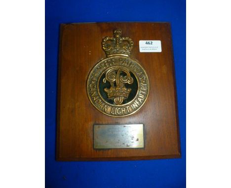 Brass on Wood Canadian Light Infantry Plaque 24.5x20.5cm 