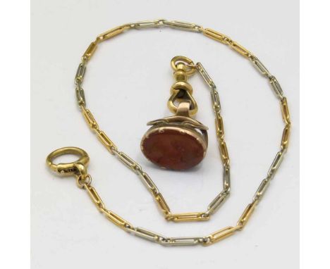 18ct yellow and white gold watch chain of elongated links, gross weight 10.0g, together with a gilt metal and agate fob