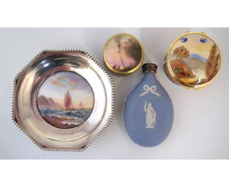 Royal Worcester silver mounted dish signed Rushton, painted with a sailing ship, porcelain date code for 1912, also a small l