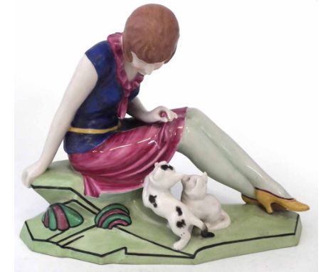 Royal Dux Art Deco figure of a lady, modelled playing with kittens, pink pad mark and 3146 shape number to base, 22cm high   