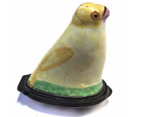 Enamel box, shaped as a goldfinch, the base painted with flora, late 18th early 19th century 4.5cm high     Condition report: