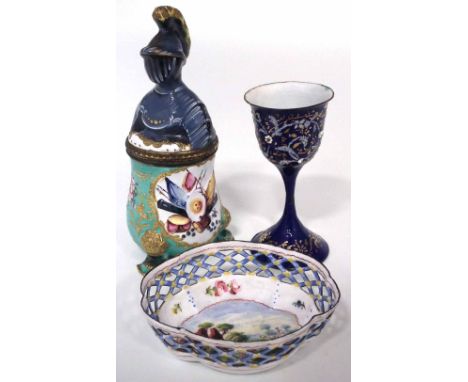 Enamel basket, with pierced border painted with a landscape, also an inkwell with knight finial moulded with military regalia